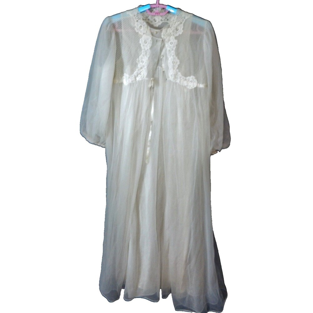 Gossard Artemis Long Nightgown Robe Peignoir White Set 2 Layer Chiffon Lace Med